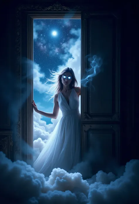best quality picture of a half seen woman, with glowing eyes, behind a half open doors that hide the stars,  smoke rising from behind the door, dynamic background, vibrant, Ultra-high resolution, High Contrast, (masterpiece:1.5), highest quality, Best aest...