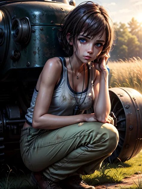 masterpiece, highest quality, (solo focus), (perfect face:1.1), (high detail:1.1), 1girl, repairing machine, brown hair, shoulder-length hair, blue eyes, white tank top, baggy green pants, wrench, holding wrench, crouching, crouching on tank, army tank, ((...