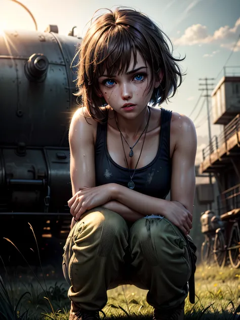 masterpiece, highest quality, (solo focus), (perfect face:1.1), (high detail:1.1), 1girl, repairing machine, brown hair, shoulder-length hair, blue eyes, white tank top, baggy green pants, wrench, holding wrench, crouching, crouching on tank, army tank, ((...
