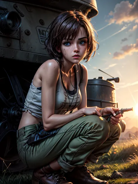 masterpiece, highest quality, (solo focus), (perfect face:1.1), (high detail:1.1), 1girl, repairing machine, brown hair, shoulder-length hair, blue eyes, white tank top, baggy green pants, wrench, holding wrench, crouching, crouching on tank, army tank, ((...