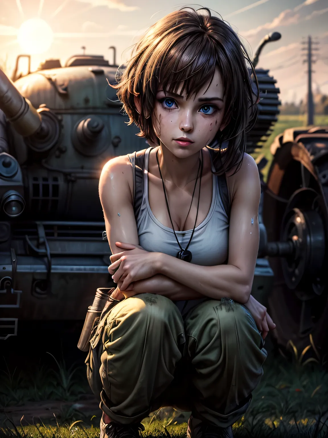 masterpiece, highest quality, (solo focus), (perfect face:1.1), (high detail:1.1), 1girl, repairing machine, brown hair, shoulder-length hair, blue eyes, white tank top, baggy green pants, wrench, holding wrench, crouching, crouching on tank, army tank, ((...