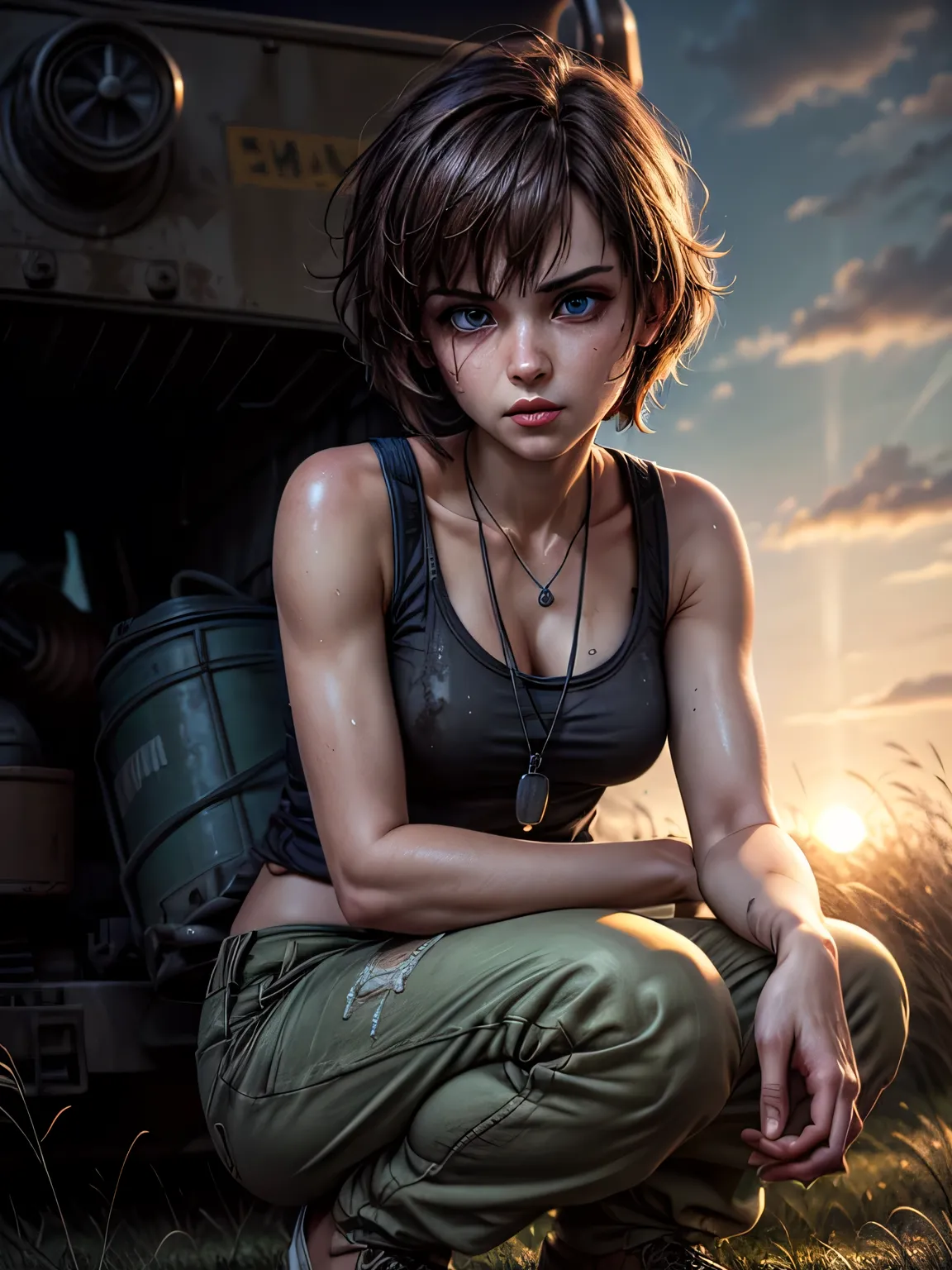 masterpiece, highest quality, (solo focus), (perfect face:1.1), (high detail:1.1), 1girl, repairing machine, brown hair, shoulder-length hair, blue eyes, white tank top, baggy green pants, wrench, holding wrench, crouching, crouching on tank, army tank, ((...