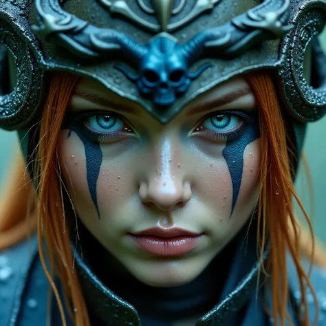 Close-up of a woman's face, beautiful, redhead, long messy hair covering part of her face, making her even more beautiful. Light blue eyes, long eyelashes, light makeup, beautiful face, side image looking at the camera with curiosity in her gaze, thick pin...