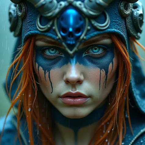 Close-up of a woman's face, beautiful, redhead, long messy hair covering part of her face, making her even more beautiful. Light blue eyes, long eyelashes, light makeup, beautiful face, side image looking at the camera with curiosity in her gaze, thick pin...