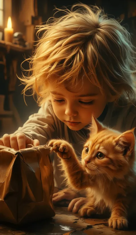 Realistic, Masterpiece, Fine Art 32k, A captivating scene depicting a young child with tousled blonde hair curiously leaning down, offering a paper bag to a playful orange kitten reaching up with one paw. The background features warm earthy tones, evoking ...