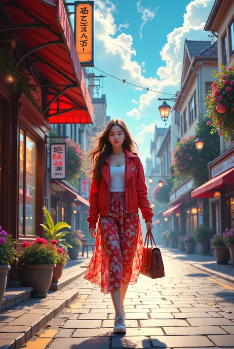 Beautiful Cute pretty girl walks with a purse outside the Store with a smile on her face, wallpaper, beautiful, Cutie, Anime style, Beautiful sky,  Sunny, masterpiece, best quality,