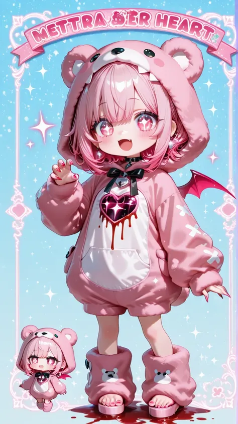 Cute Girl with Pink Hair Wears a Pink Bear Costume　Very Sharp Shining Nails Has Deformed Blood on Her Fingernails　Japanese Deformed Animation　Full Body　Sparkling Idol Stage　Pop and cute　Sparkling Deformed Eyes　　My Toes Are Fluffy　Scatter heart effects