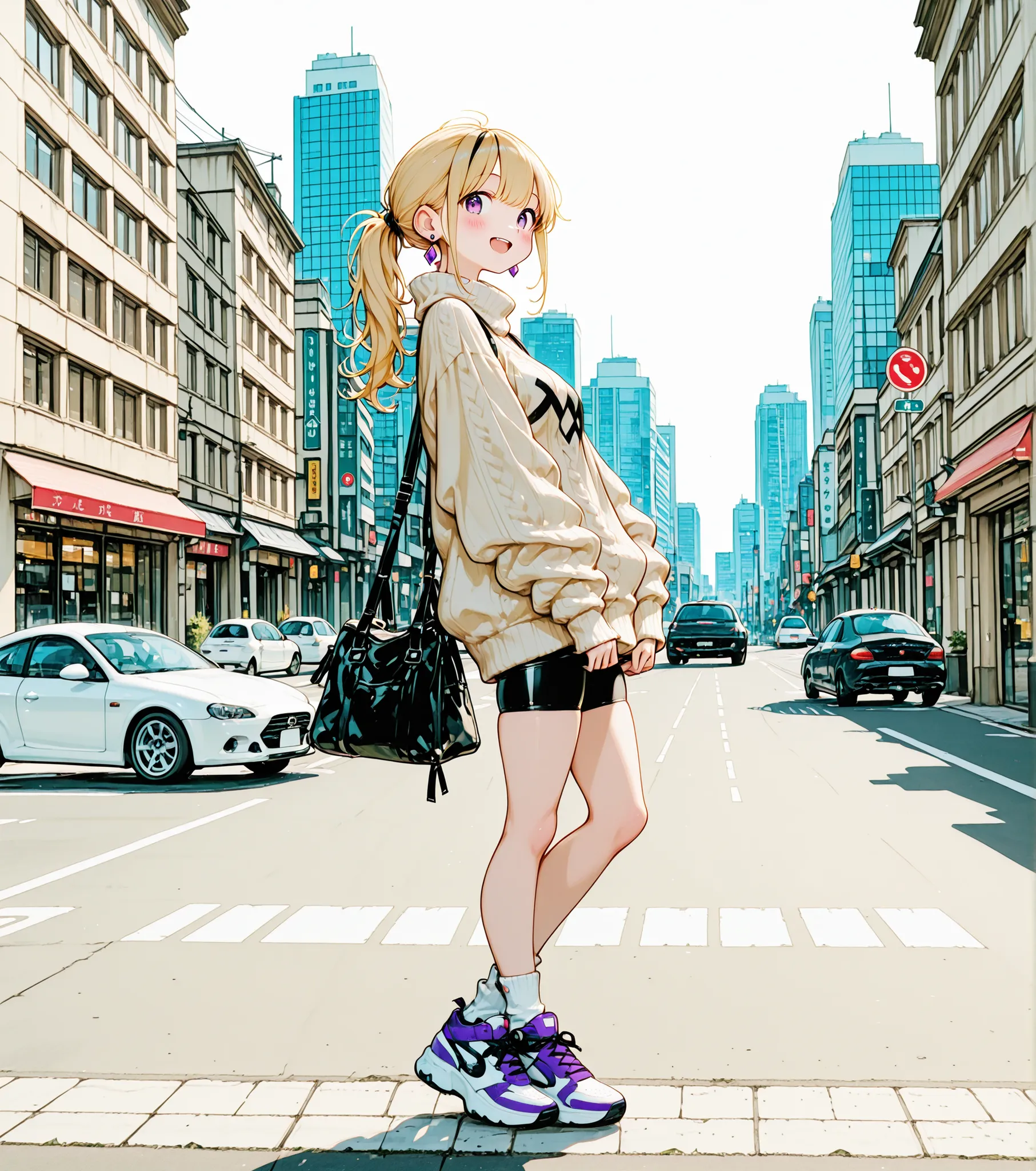 1girl, solo, earrings, jewelry, sneakers, shoes, full_body, open_mouth, smile, blush, long_hair, purple_eyes, white_background, blonde_hair, looking_at_viewer, bike_shorts, simple_background, socks, sweater, shorts, long_sleeves, ponytail, standing, road, ...