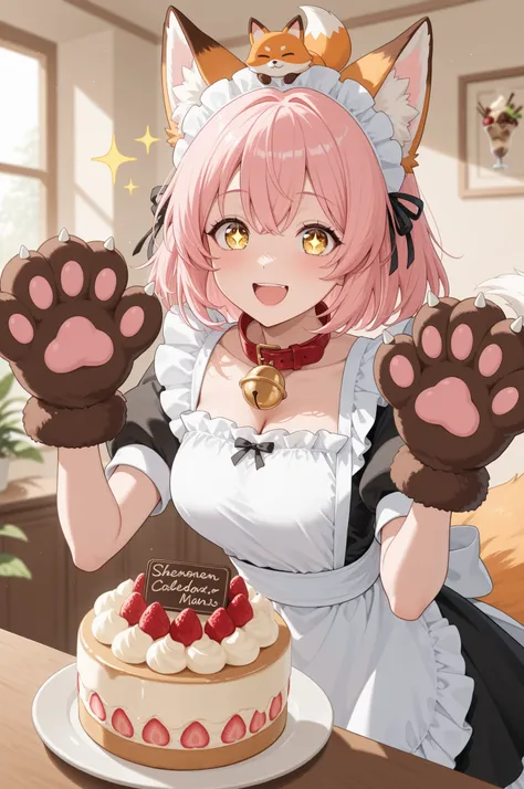 A whimsical charm {x} with pink hair and large anime-style characters, with expressive golden eyes.cake,dessert,ice cream,  she wears a maid outfit ，A white apron with frills on it, A red collar，with bells on top of her head, and fox-like ears. Her hands a...