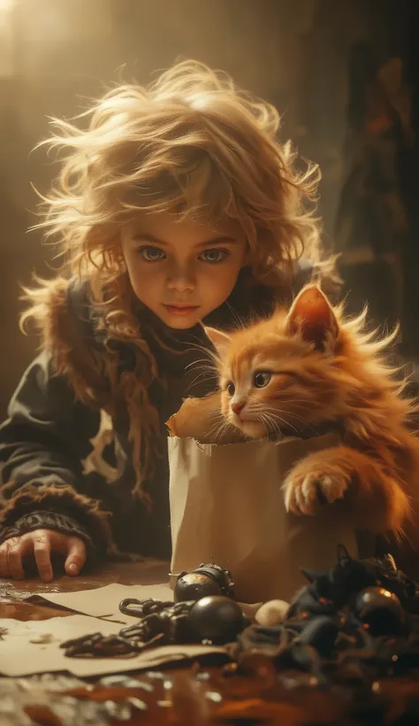 Realistic, Masterpiece, Fine Art 32k, A captivating scene depicting a young child with tousled blonde hair curiously leaning down, offering a paper bag to a playful orange kitten reaching up with one paw. The background features warm earthy tones, evoking ...