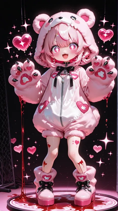 cute pink haired idol is wearing a pink bear costume　Very Sharp Shining Nails Has Deformed Blood on Her Fingernails　Japanese animation　Full Body　Sparkling Idol Stage　Pop and cute　Sparkling Deformed Eyes　　Legs are fluffy　with heart effects
