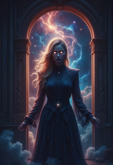 best quality picture of a half seen woman, with glowing eyes, behind a half open doors that hide the stars,  smoke rising from behind the door, dynamic background, vibrant, Ultra-high resolution, High Contrast, (masterpiece:1.5), highest quality, Best aest...
