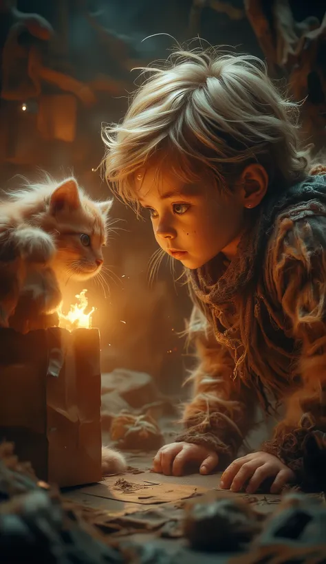 Realistic, Masterpiece, Fine Art 32k, A captivating scene depicting a young child with tousled blonde hair curiously leaning down, offering a paper bag to a playful orange kitten reaching up with one paw. The background features warm earthy tones, evoking ...