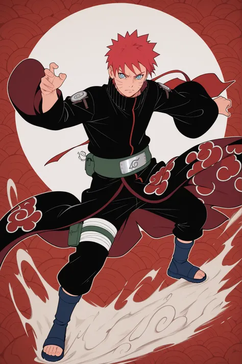 flat color, WaifuDiffusionStyle, neutral background, white splash stylized outline background, 1boy, ((uzumaki_naruto)), whisker_marks, red_hair, blue_eyes, stern_expression, black_robe, brocade_patterns, wide_sleeves, high_collar, ornate_belt, crimson_gem...