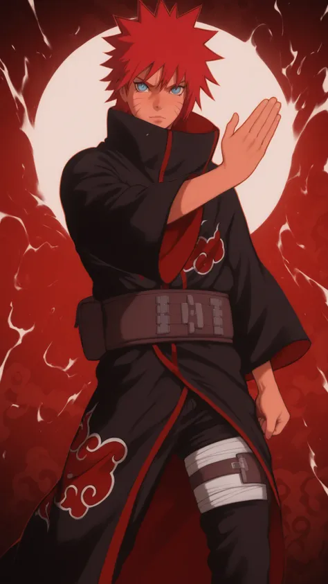 flat color, WaifuDiffusionStyle, neutral background, white splash stylized outline background, 1boy, ((uzumaki_naruto)), whisker_marks, red_hair, blue_eyes, stern_expression, black_robe, brocade_patterns, wide_sleeves, high_collar, ornate_belt, crimson_gem...