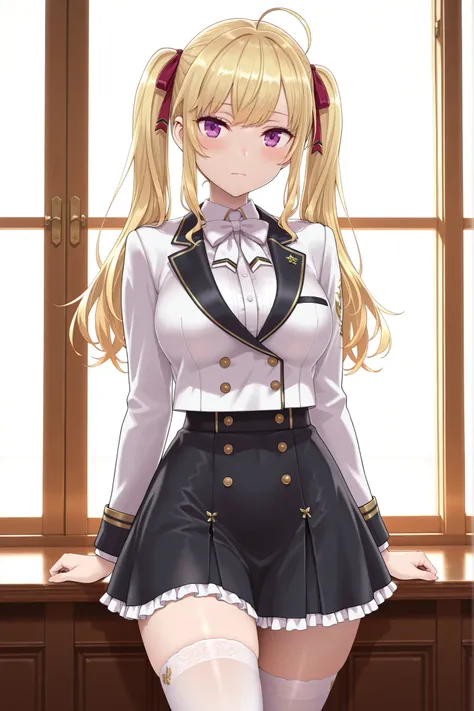 solo,masterpiece,best quality, amazing quality, highres, absurdres, very aesthetic, high resolution, ultra detailed, perfect details,nijirion,large breasts,purple eyes,blonde hair,twintails,ahoge,hair ribbon,nijirioncos,white shirt,white bowtie,white jacke...