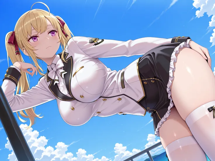 solo,masterpiece,best quality, amazing quality, highres, absurdres, very aesthetic, high resolution, ultra detailed, perfect details,nijirion,large breasts,purple eyes,blonde hair,twintails,ahoge,hair ribbon,nijirioncos,white shirt,white bowtie,white jacke...
