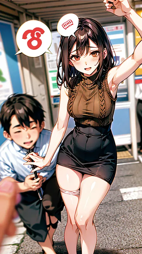 crowd,station home,womanhood,30 years old,adults,Sex appeal,Ahe face,armpit,(( knit )),Turtleneck,((sleeveless)),high heels,((speech bubble)),Standing,pencil skirt,((panty hose))