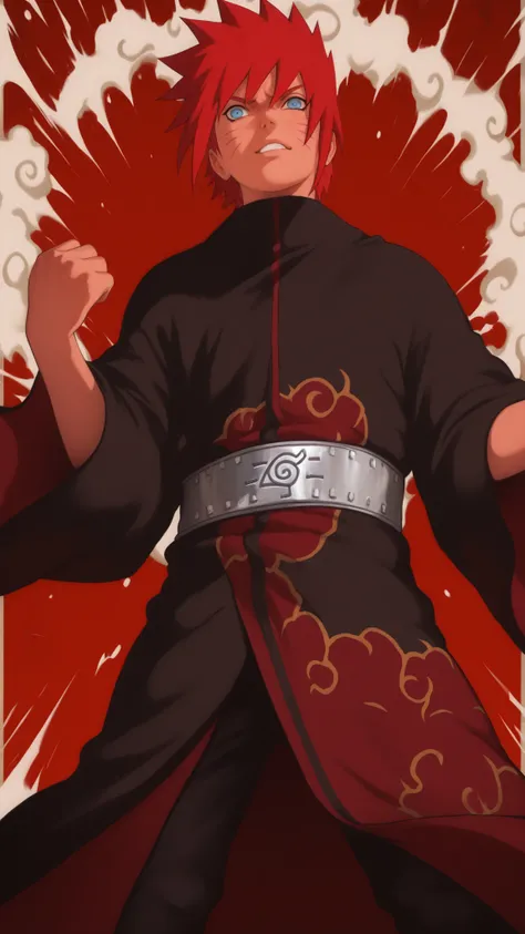 flat color, WaifuDiffusionStyle, neutral background, white splash stylized outline background, 1boy, ((uzumaki_naruto)), whisker_marks, red_hair, blue_eyes, stern_expression, black_robe, brocade_patterns, wide_sleeves, high_collar, ornate_belt, crimson_gem...