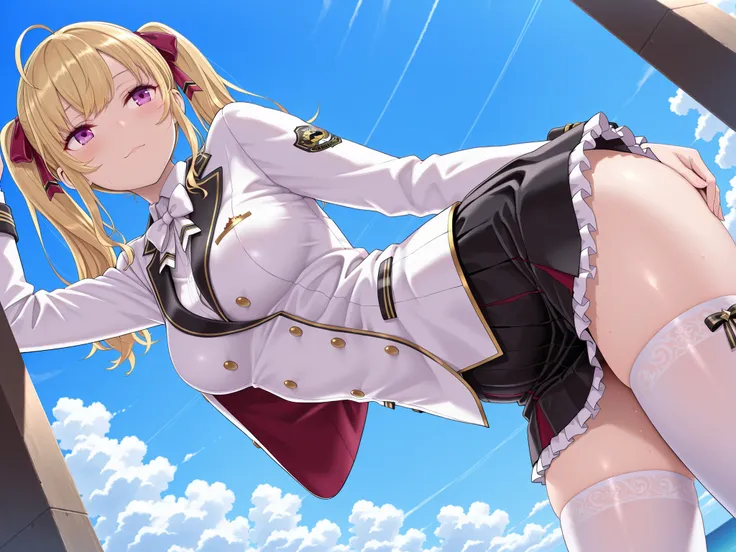 solo,masterpiece,best quality, amazing quality, highres, absurdres, very aesthetic, high resolution, ultra detailed, perfect details,nijirion,medium breasts,purple eyes,blonde hair,twintails,ahoge,hair ribbon,nijirioncos,white shirt,white bowtie,white jack...