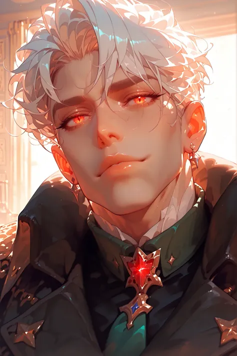[Main Subject: Regal and handsome white-haired young man strategizing in a war room], [Core Features: Messy white hair, glowing red dragonic eyes with slit pupils, sharp thick eyebrows, symmetrical face, muscular build, porcelain skin, smaller lips], [Expr...