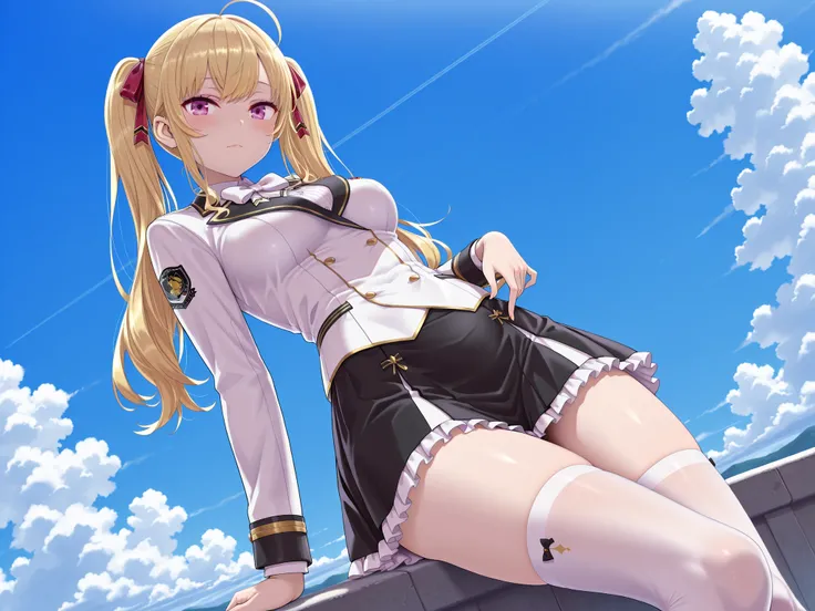 solo,masterpiece,best quality, amazing quality, highres, absurdres, very aesthetic, high resolution, ultra detailed, perfect details,nijirion,medium breasts,purple eyes,blonde hair,twintails,ahoge,hair ribbon,nijirioncos,white shirt,white bowtie,white jack...