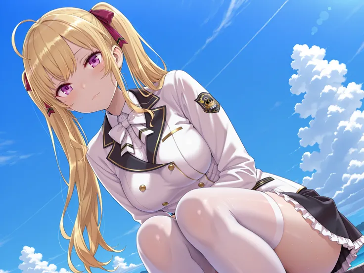 solo,masterpiece,best quality, amazing quality, highres, absurdres, very aesthetic, high resolution, ultra detailed, perfect details,nijirion,medium breasts,purple eyes,blonde hair,twintails,ahoge,hair ribbon,nijirioncos,white shirt,white bowtie,white jack...