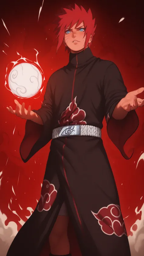flat color, WaifuDiffusionStyle, neutral background, white splash stylized outline background, 1boy, ((uzumaki_naruto)), whisker_marks, red_hair, blue_eyes, stern_expression, black_robe, brocade_patterns, wide_sleeves, high_collar, ornate_belt, crimson_gem...