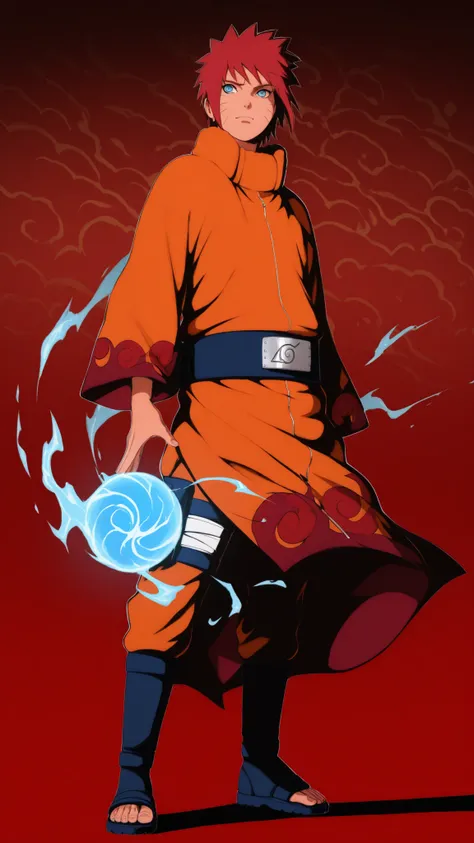flat color, WaifuDiffusionStyle, neutral background, white splash stylized outline background, 1boy, ((uzumaki_naruto)), whisker_marks, red_hair, blue_eyes, stern_expression, orange_robe, brocade_patterns, wide_sleeves, high_collar, ornate_belt, crimson_ge...