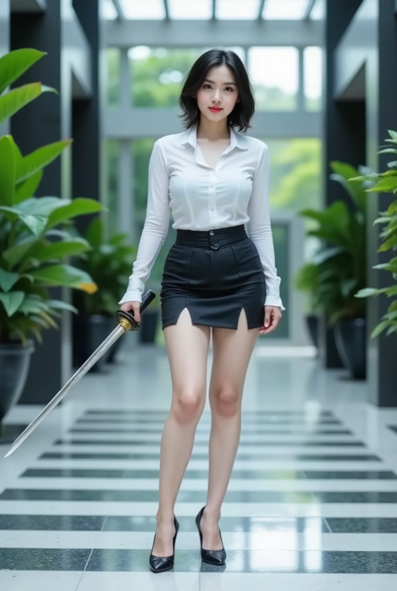 (full body) shot of a woman, (Indonesian), (beautiful woman), black short hair, chubby, ((albino)), (pale skin), wearing office attire, mini skirt with high-slit, (high heels), and drawing her katana in a smooth motion. The background indoor quite office b...