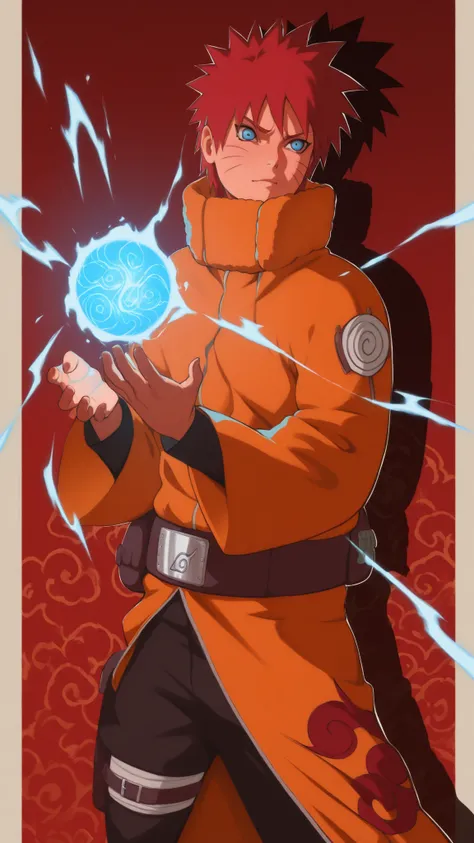 flat color, WaifuDiffusionStyle, neutral background, white splash stylized outline background, 1boy, ((uzumaki_naruto)), whisker_marks, red_hair, blue_eyes, stern_expression, orange_robe, brocade_patterns, wide_sleeves, high_collar, ornate_belt, crimson_ge...