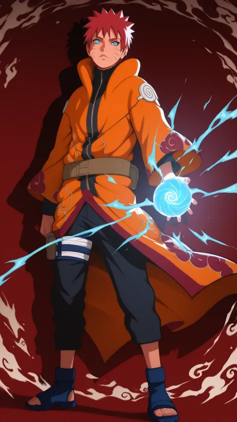 flat color, WaifuDiffusionStyle, neutral background, white splash stylized outline background, 1boy, ((uzumaki_naruto)), whisker_marks, red_hair, blue_eyes, stern_expression, orange_robe, brocade_patterns, wide_sleeves, high_collar, ornate_belt, crimson_ge...