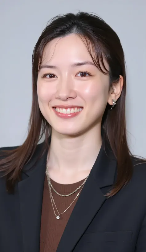 Neat Young Woman、and look at the camera、office lady suit、jacket、shirt、necklace、ear piercing、薄い茶髪、 、、smile showing teeth、、background is office
