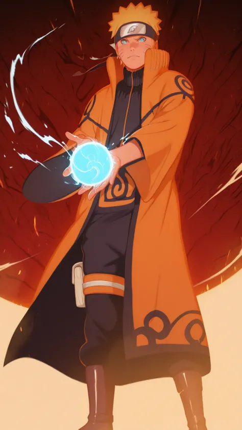 flat color, WaifuDiffusionStyle, neutral background, white splash stylized outline background, 1boy, ((uzumaki_naruto)), whisker_marks, red_hair, blue_eyes, stern_expression, orange_robe, brocade_patterns, wide_sleeves, high_collar, ornate_belt, crimson_ge...