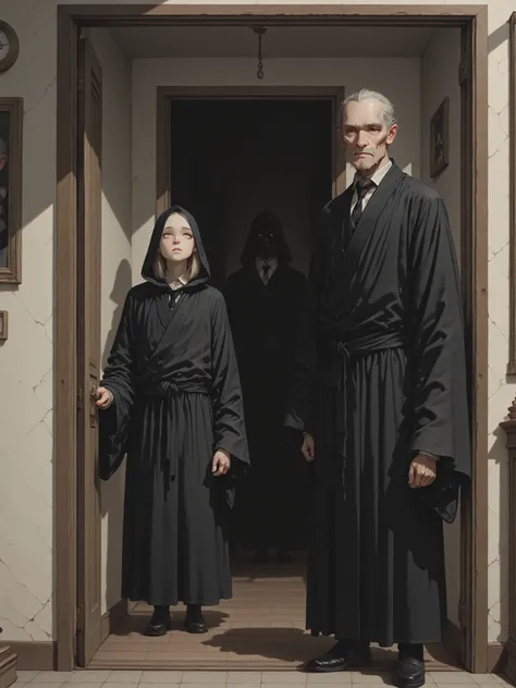 Old vampire grandfather in black robe, stands in the doorway, A strange neighbor, A gloomy view,