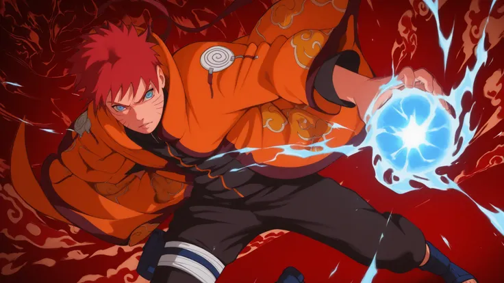 flat color, WaifuDiffusionStyle, neutral background, white splash stylized outline background, 1boy, ((uzumaki_naruto)), whisker_marks, red_hair, blue_eyes, stern_expression, orange_robe, brocade_patterns, wide_sleeves, high_collar, ornate_belt, crimson_ge...