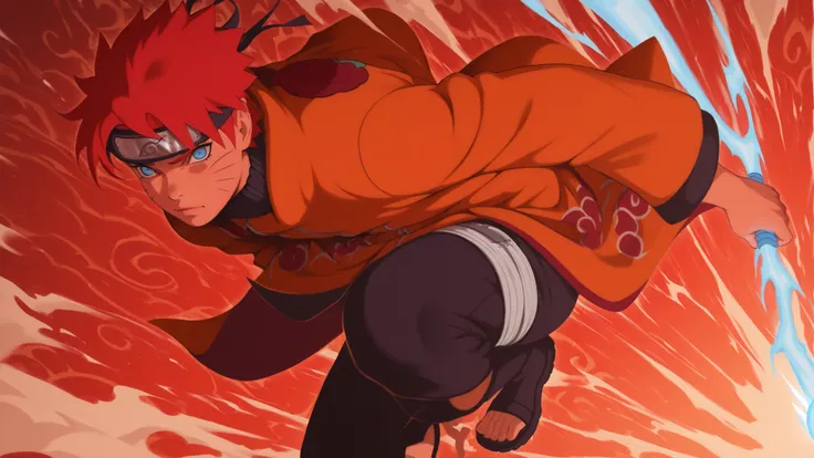 flat color, WaifuDiffusionStyle, neutral background, white splash stylized outline background, 1boy, ((uzumaki_naruto)), whisker_marks, red_hair, blue_eyes, stern_expression, orange_robe, brocade_patterns, wide_sleeves, high_collar, ornate_belt, crimson_ge...