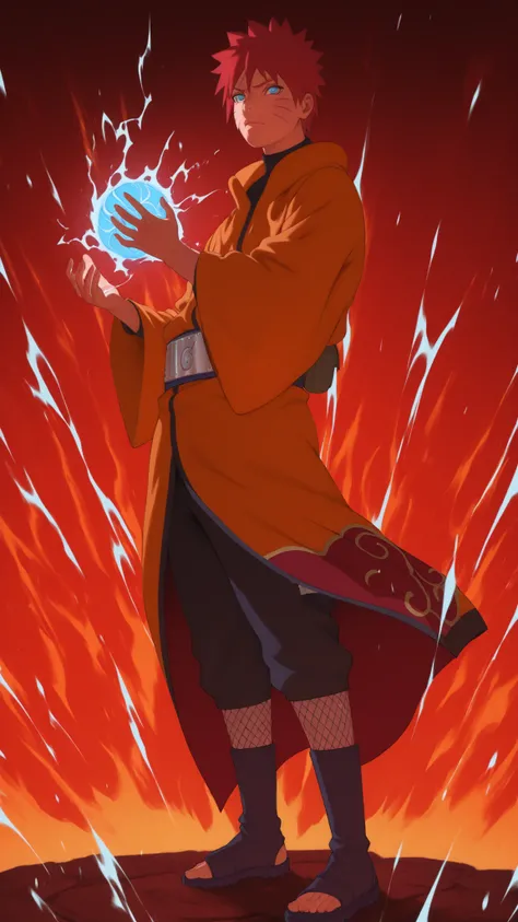 flat color, WaifuDiffusionStyle, neutral background, white splash stylized outline background, 1boy, ((uzumaki_naruto)), whisker_marks, red_hair, blue_eyes, stern_expression, orange_robe, brocade_patterns, wide_sleeves, high_collar, ornate_belt, crimson_ge...