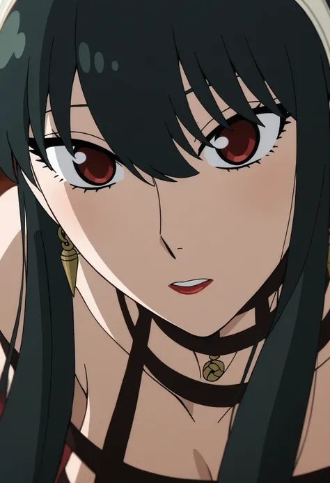 1girl, yor briar, red eyes, black hair, hairband, white hairband, sidelocks, long hair, large breasts,sharp eyes,red cheeks, aggressive female, handsome girl, red lipstick , looking at viewer from above twords below, close up to her face