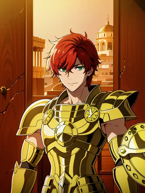 (high-quality, breathtaking),(expressive eyes, perfect face) 1boy, male, solo, red hair, short hair length, green eyes, positive expresion, greek background, portrait, symmetrical eyes, LibraArmor, aarmor, arm_shield, god_cloth, helmet narrow eyes, half op...