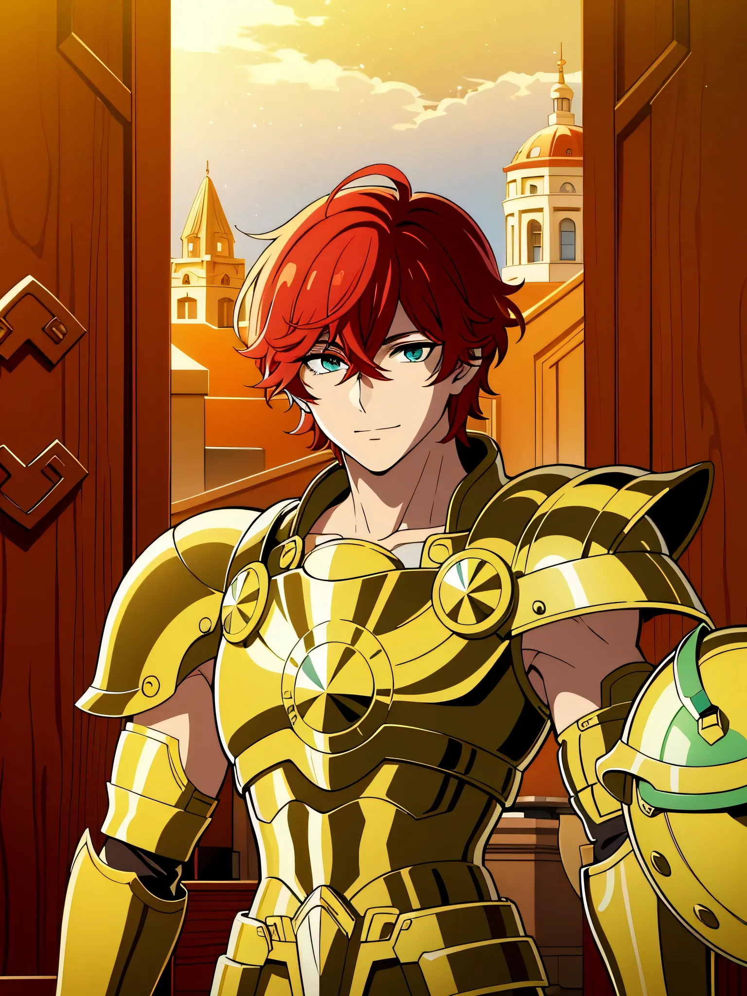 (high-quality, breathtaking),(expressive eyes, perfect face) 1boy, male, solo, red hair, short hair length, green eyes, positive expresion, greek background, portrait, symmetrical eyes, LibraArmor, aarmor, arm_shield, god_cloth, helmet narrow eyes, half op...