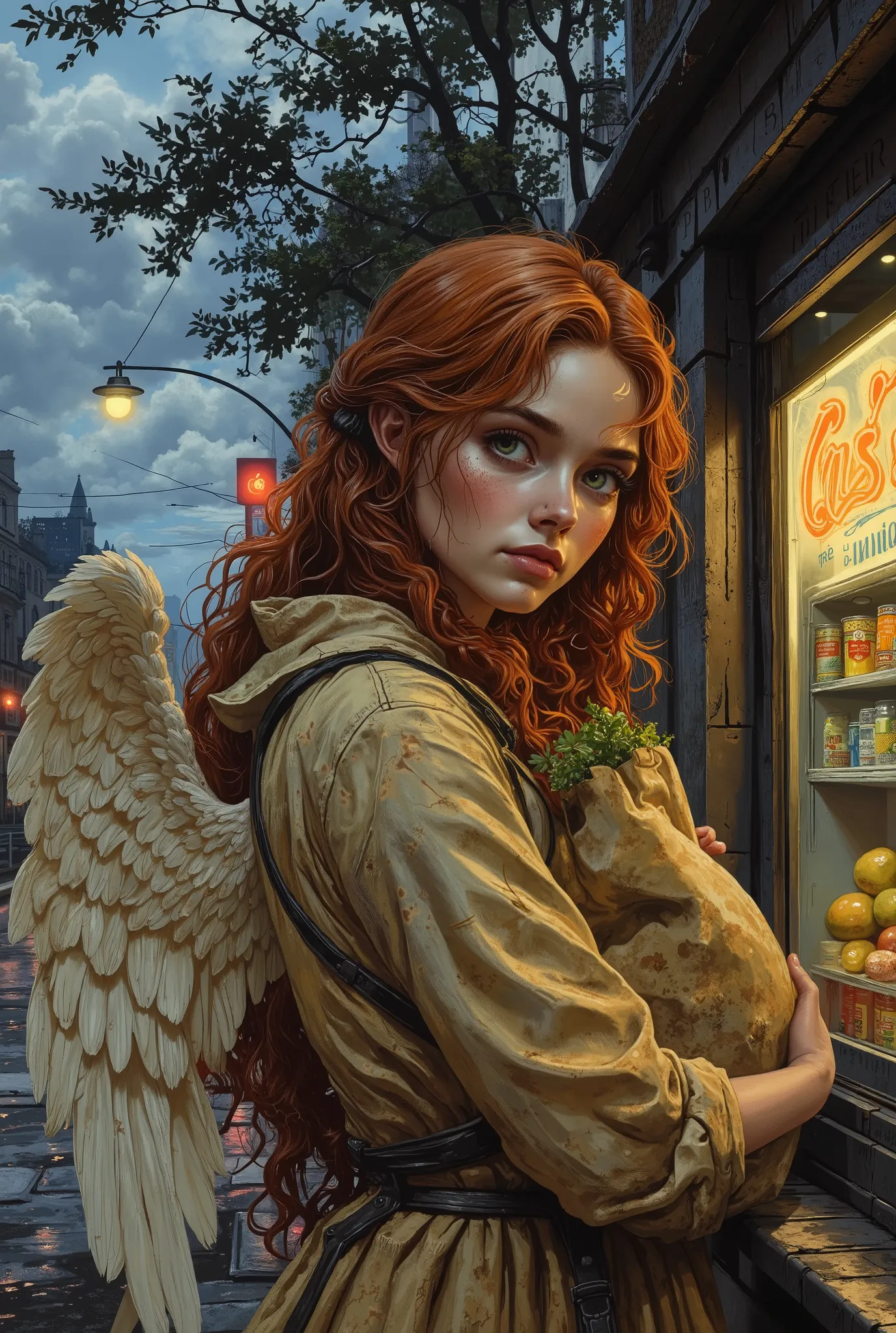 Masterpiece, high quality, Oil Painting, A weary young angel waits at an urban bus stop. Her long, ivory feathery wingsaonce pristineadroop slightly with fatigue, their feathers tousled by the breeze of passing traffic. She carries overstuffed paper gr...