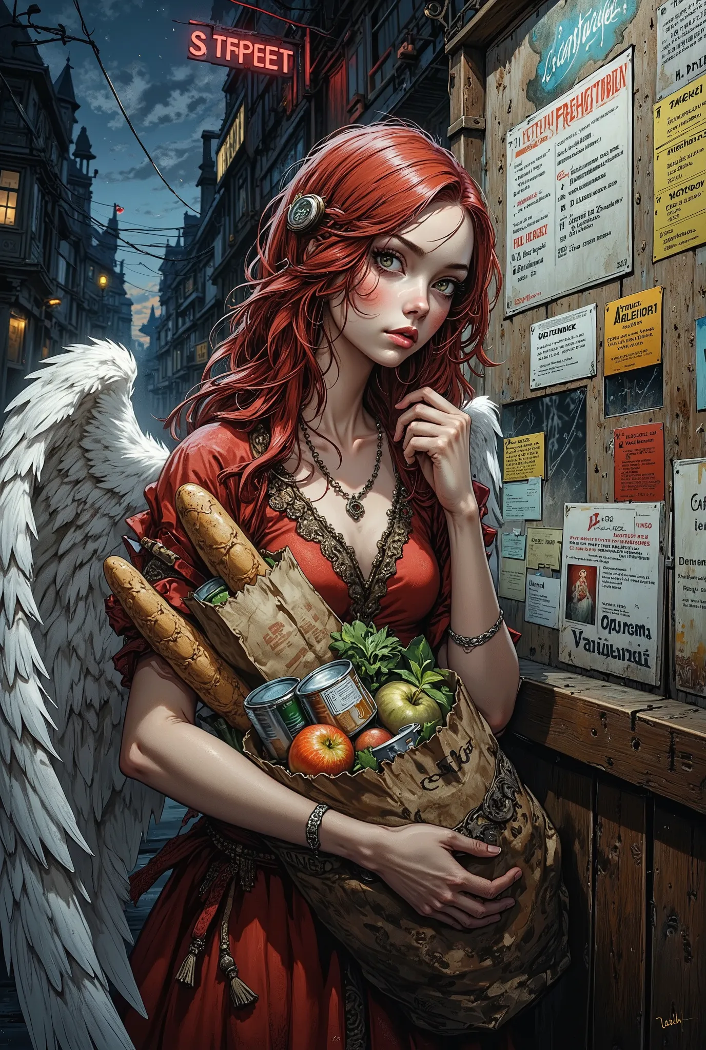 Masterpiece, high quality, Oil Painting, A weary young angel waits at an urban bus stop. Her long, ivory feathery wingsaonce pristineadroop slightly with fatigue, their feathers tousled by the breeze of passing traffic. She carries overstuffed paper gr...