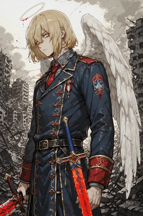 handsome anime-style man, male, around 23 years old, blond silky hair in a neck-length bob, all bangs swept strongly to the side, strong side-swept fringe, thin eyebrows, angel, large pure white wings growing from his back, European-style military uniform,...