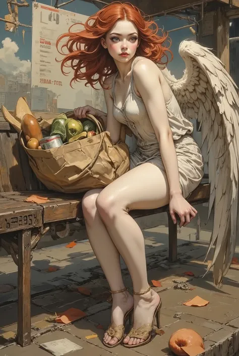 Masterpiece, high quality, Oil Painting, A weary young angel waits at an urban bus stop. Her long, ivory feathery wingsaonce pristineadroop slightly with fatigue, their feathers tousled by the breeze of passing traffic. She carries overstuffed paper gr...