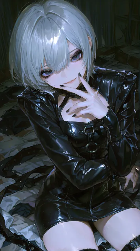 1 person,visual series, short hair ,  Dark Black Eyeliner ,  dark eyeshadow ,(((Black Leather Mini Dress))),confident pose,Dimly Illuminated Hall,messy room,ash grey hair,Black nails,Brown Ime, High Quality,Mysterious smile