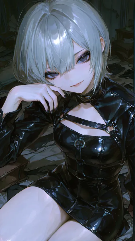 1 person,visual series, short hair ,  Dark Black Eyeliner ,  dark eyeshadow ,(((Black Leather Mini Dress))),confident pose,Dimly Illuminated Hall,messy room,ash grey hair,Black nails,Brown Ime, High Quality,Mysterious smile
