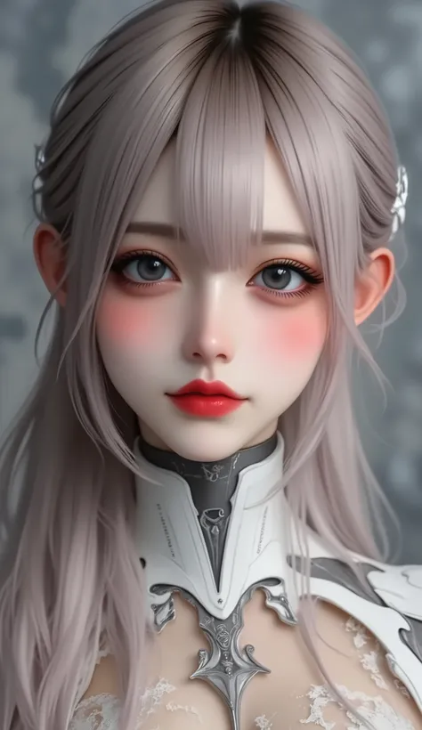 masterpiece, Highest image quality , 4K, Mecha, headband , thin legs, long hair, ash grey hair, cyberpunk, Achieve depth of field, blurry background,