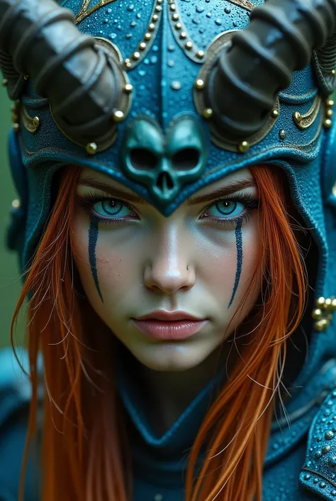 Close-up of a woman's face, beautiful, redhead, long messy hair covering part of her face, making her even more beautiful. Light blue eyes, long eyelashes, light makeup, beautiful face, side image looking at the camera with curiosity in her gaze, thick pin...