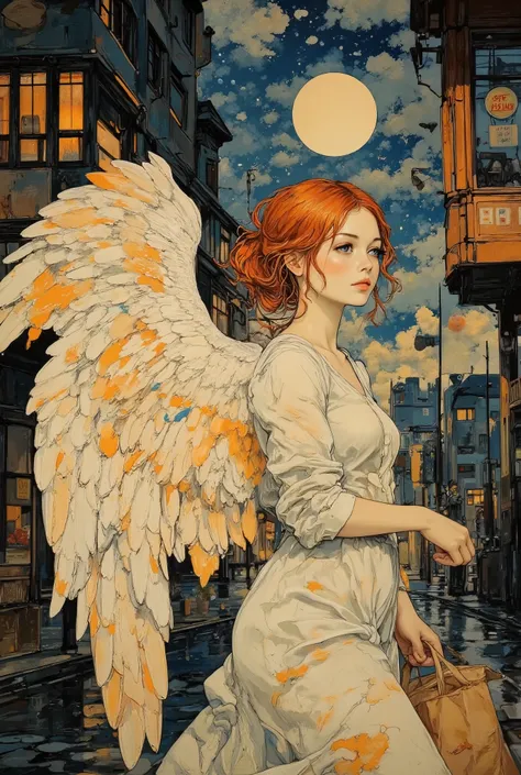 Masterpiece, high quality, Oil Painting, A weary young angel waits at an urban bus stop. Her long, ivory feathery wingsaonce pristineadroop slightly with fatigue, their feathers tousled by the breeze of passing traffic. She carries overstuffed paper gr...